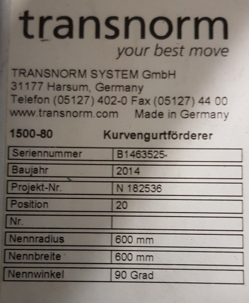 Transnorm Gurtkurvenförderer Gurtkurve 90°-700-600 IR600 links