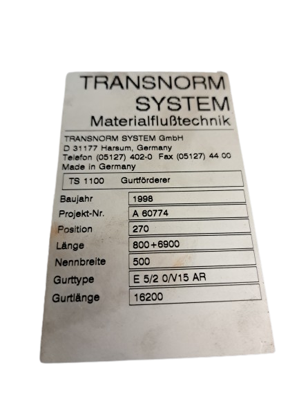 Transnorm Steigband Gefälleband Gurtförderer Gurtband Förderband GF 7750-600-500