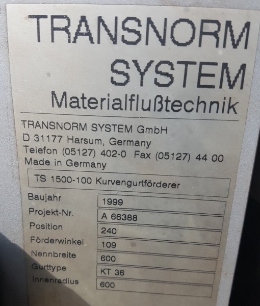 Transnorm Gurtkurvenförderer 670-600 IR600 Gurtkurve 109° rechts