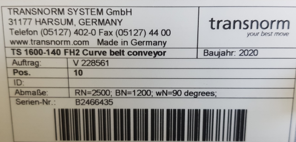 Transnorm Gurtkurvenförderer Gurtkurve 90°-1400-1200 IR2500 links