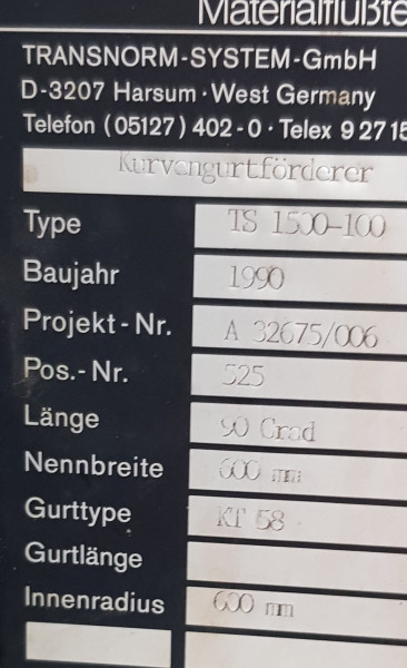 Transnorm Gurtkurvenförderer rechts 90°-780-600