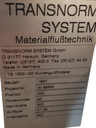 Transnorm Gurtkurve Förderer links 90°-700-500-IR900