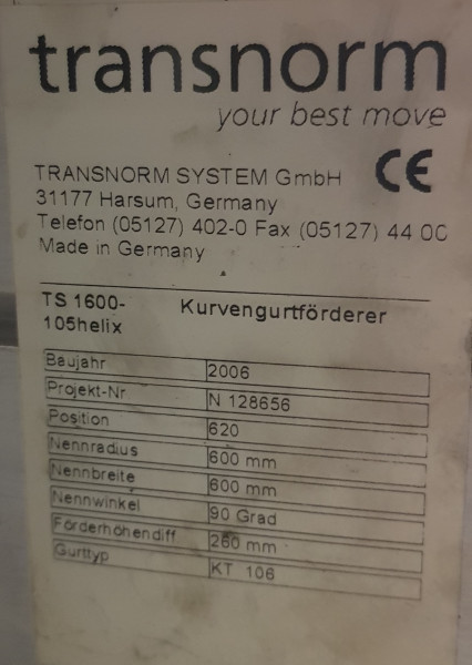 Transnorm spiral helix belt curve conveyor left 90°-825-600 IR600