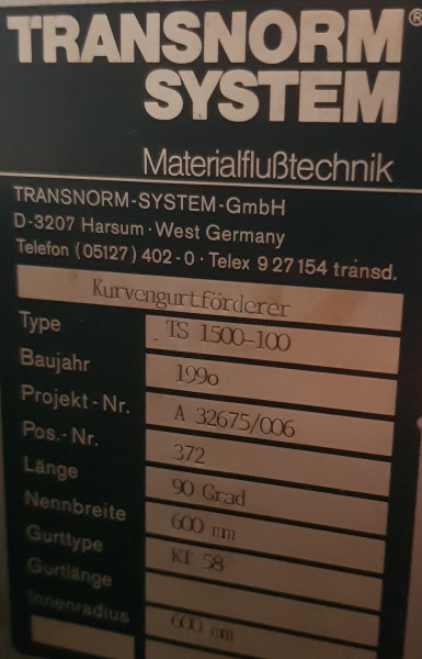 Transnorm Gurtkurve Gurtkurvenförderer rechts GKF 90°-810-600 IR600