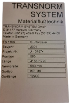 Transnorm Steigband Gefälleband Gurtförderer Gurtband Förderband GF 6000-600-500