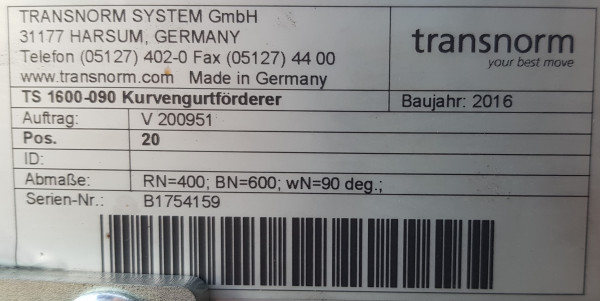 Transnorm Gurtkurve Förderer links 90°-800-600-IR400 Ausstellungsstück