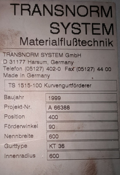 Transnorm spiral helix belt curve conveyor left GKF 90°-775-600 IR600