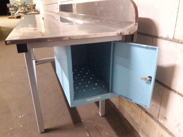 Work table packing table workbench with stainless steel top, rear upstand, 2x lockable containers