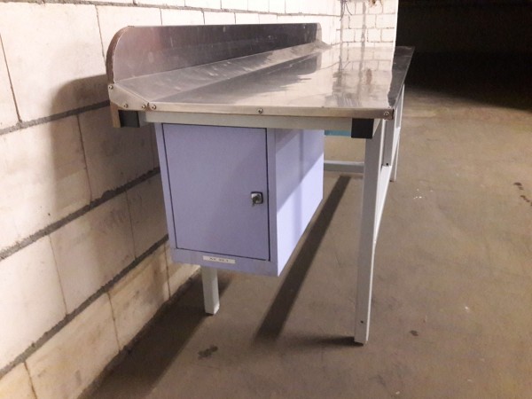 Work table packing table workbench with stainless steel top, rear upstand, 2x lockable containers