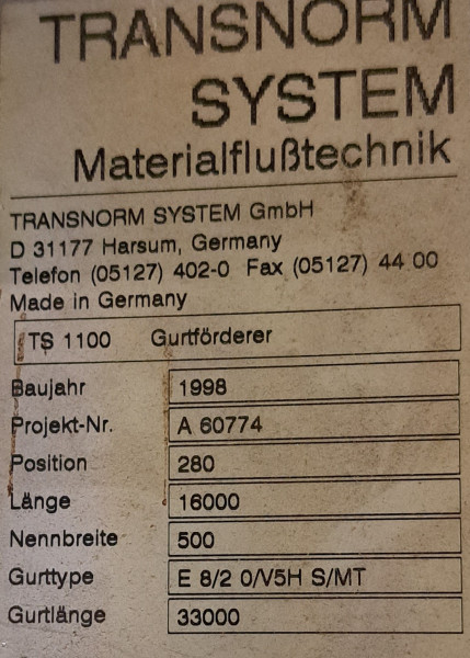 Transnorm Rising falling Incline belt conveyor GF 7200-600-500