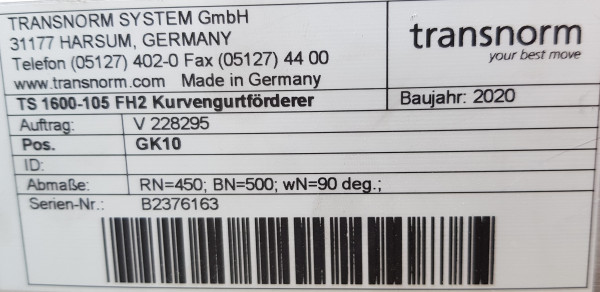 Transnorm Gurtkurve Förderer rechts 90°-700-500-IR450 - NEU